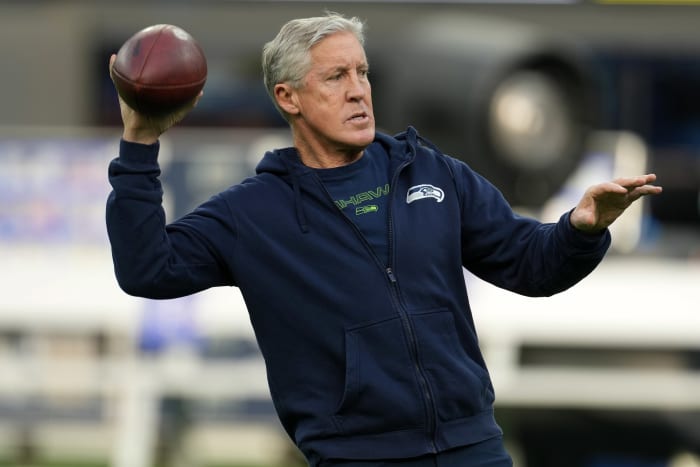 NFL: Seattle Seahawks at Los Angeles Rams Dec 21, 2021; Inglewood, California, USA; Seattle Seahawks head coach Pete Carroll throws the ball before the game against the Los Angeles Rams at SoFi Stadium.